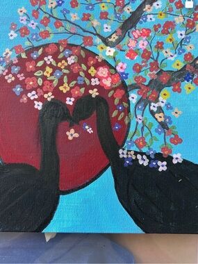 Hand-Painted Floral Crane Canvas Wall Art - Blue & Red